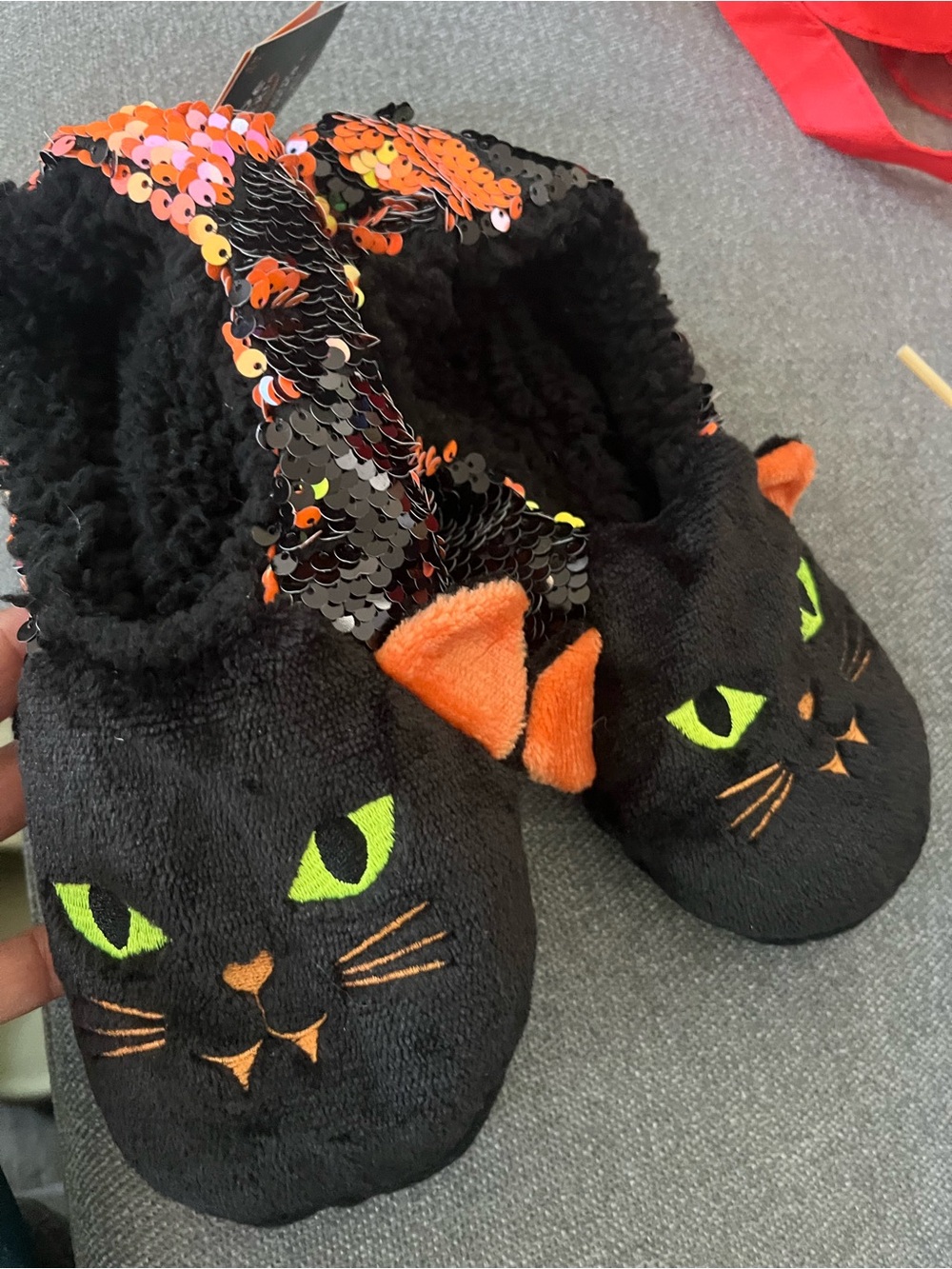 Kids Black Cat One-Piece Slippers with Orange Accents